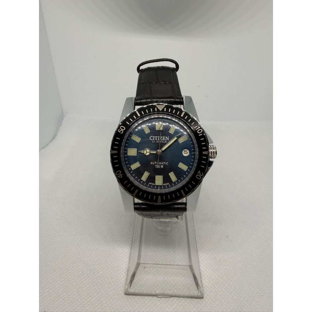 Citizen Mens Automatic Watch 150m Black Dial Stainless Steel Case Leather Strap